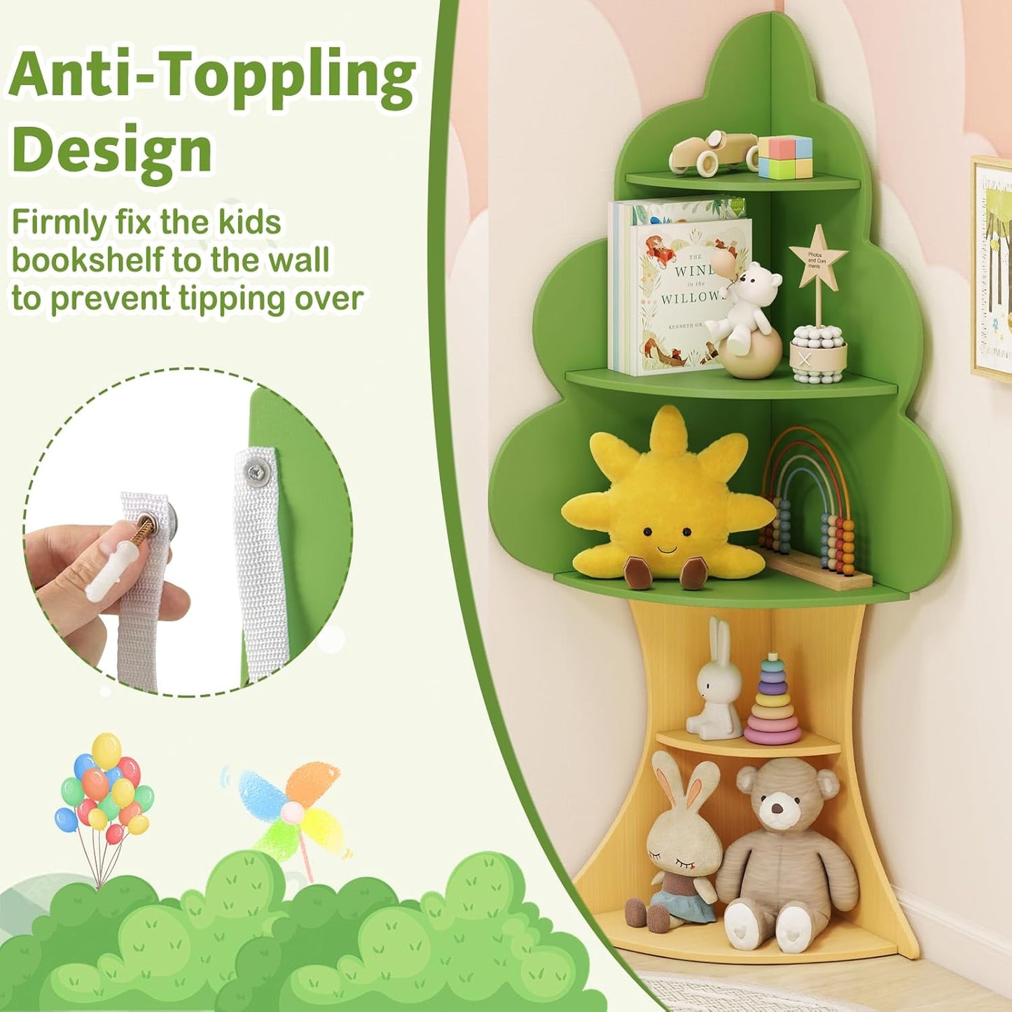 OLAKIDS Tree Kids Bookshelf, Wood 5-Tier Corner Bookcase, Baby Montessori Shelf Rack Children's Bookcase