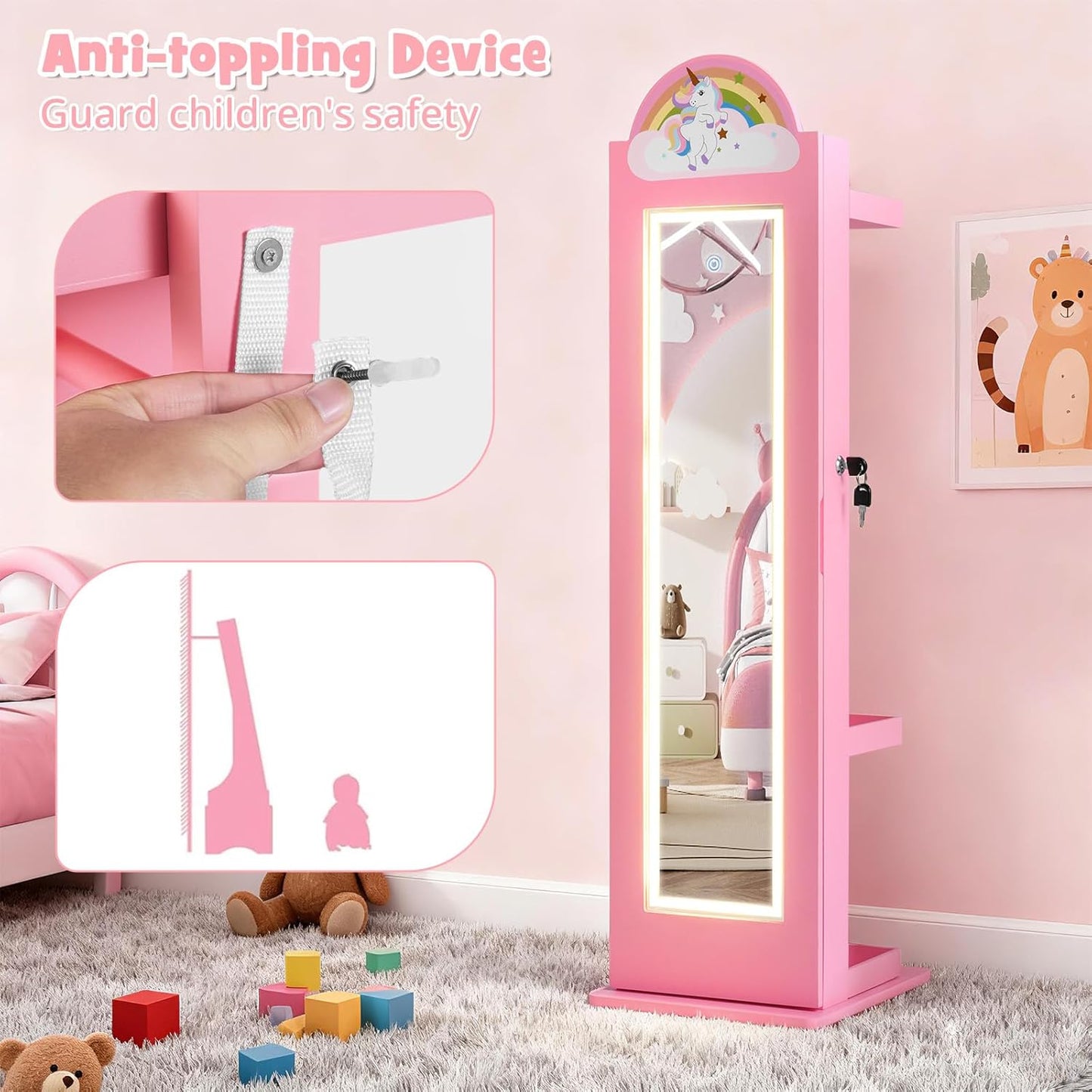 OLAKIDS Kids Jewelry Armoire Cabinet, 360° Swivel Lockable Standing Makeup Organizer with Interior Lights, Rotatable Full-Length LED Vanity Mirror with Foldable Fabric Drawer for Girls