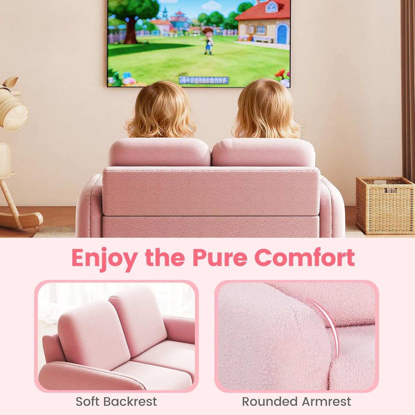 OLAKIDS Kids Sofa, 2 Seat Soft Thick Upholstered Couch with Plush Fabric Solid Wooden Frame, Armrest Chair Lounge for Playroom Kids Boys Girls