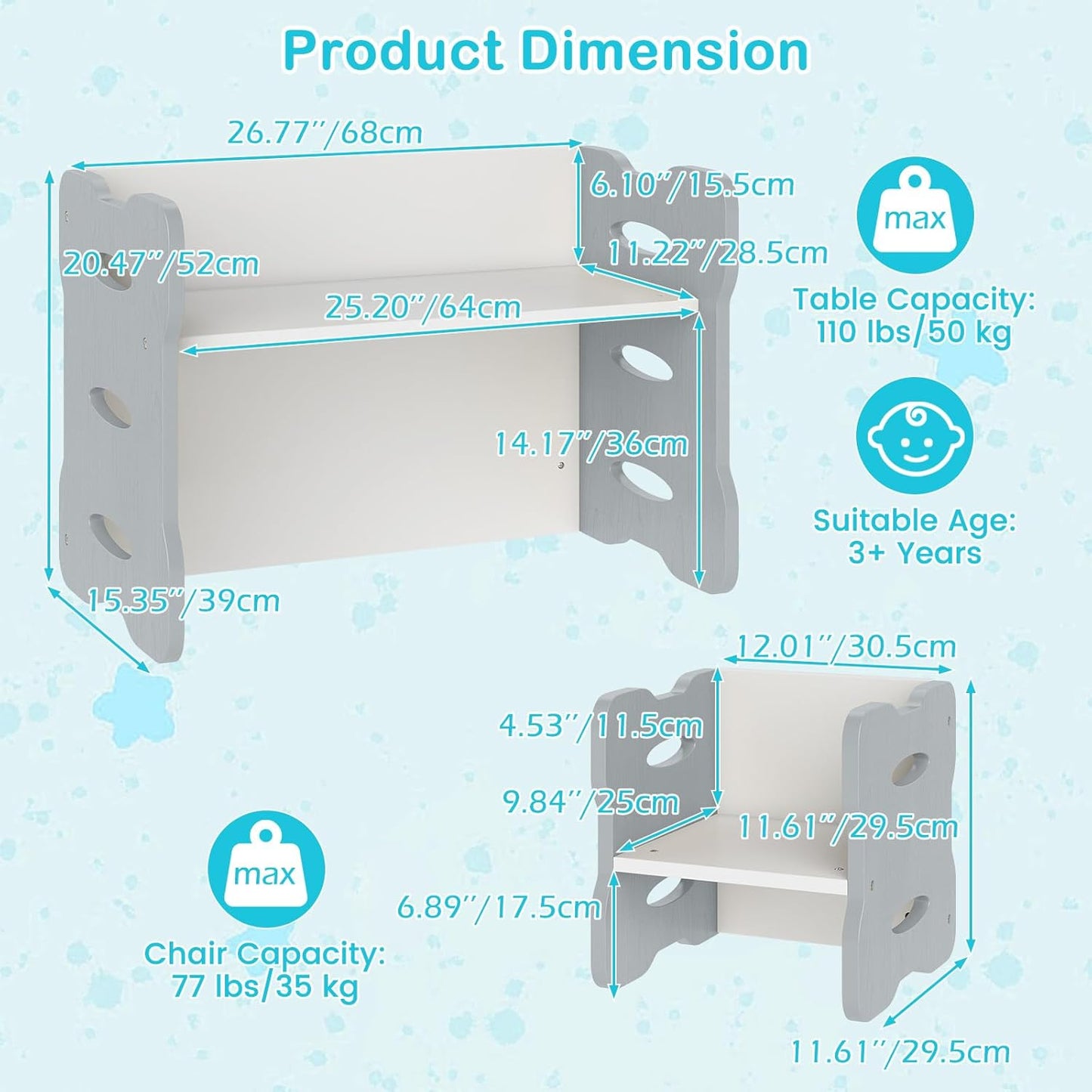OLAKIDS Kids Table and Chair Set, Toddler 3-Piece Activity Table with 2 Chairs for Building Block Drawing Reading Eating Art Crafts, Children Montessori Furniture for Playroom Kindergarten