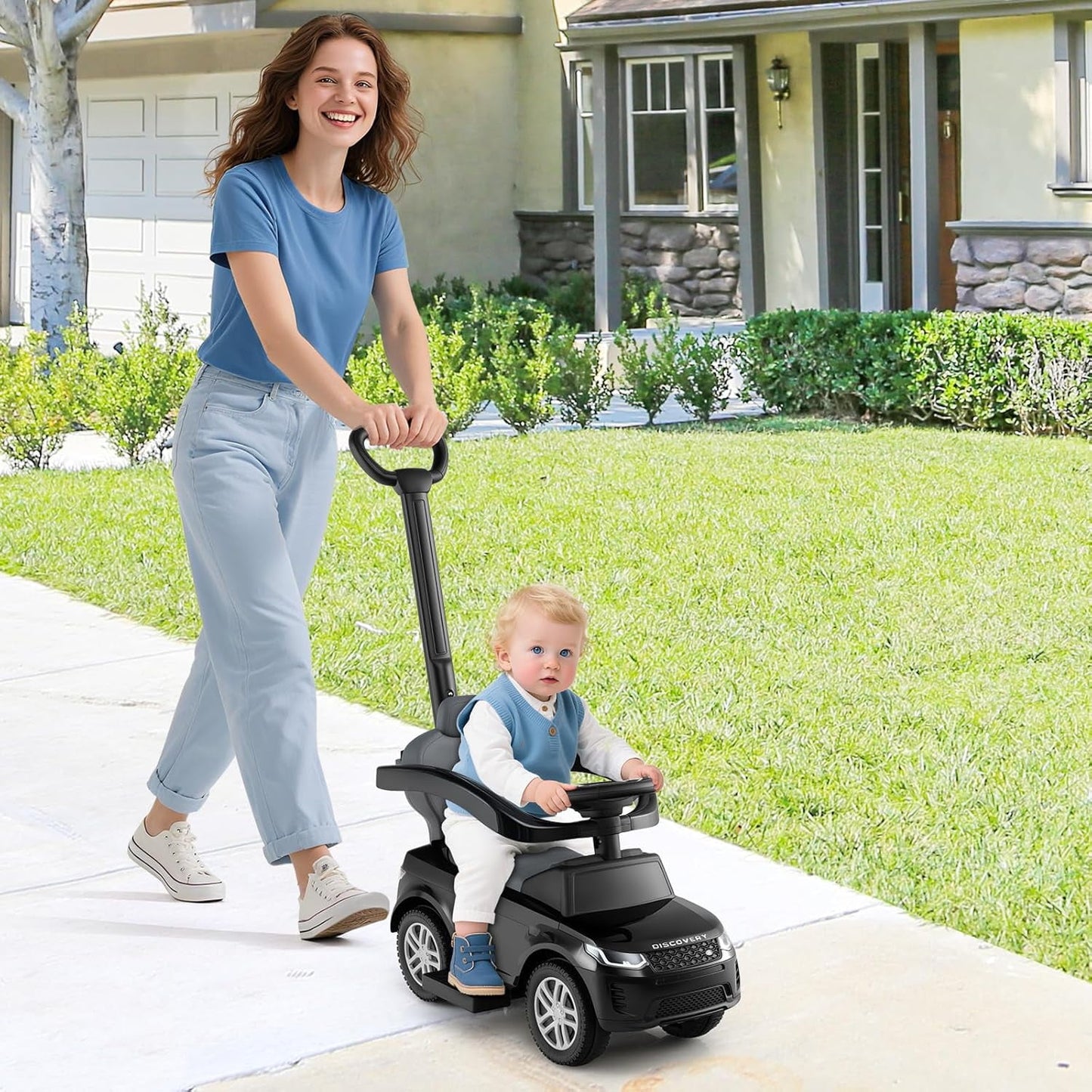 Licensed Land Rover Push Car for Toddlers by OLAKIDS, 3 in 1 Baby Stroller Sliding Walking Car with Parent Control Handle, Horn, Storage, Foot-to-Floor Ride on Toys for Boys Girls