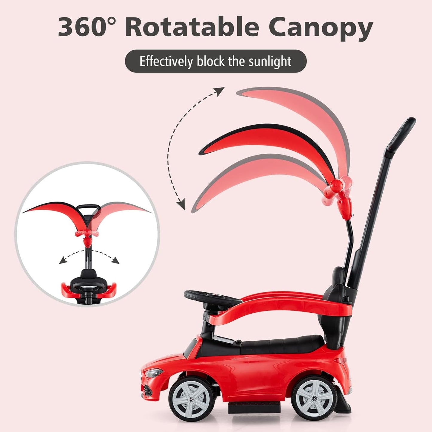 Licensed Mercedes Benz Push Car for Toddlers by OLAKIDS, 3 in 1 Baby Stroller Sliding Walking Car with Canopy, Parent Control Handle, Horn, Storage, Foot-to-Floor Ride on Toys for Boys Girls