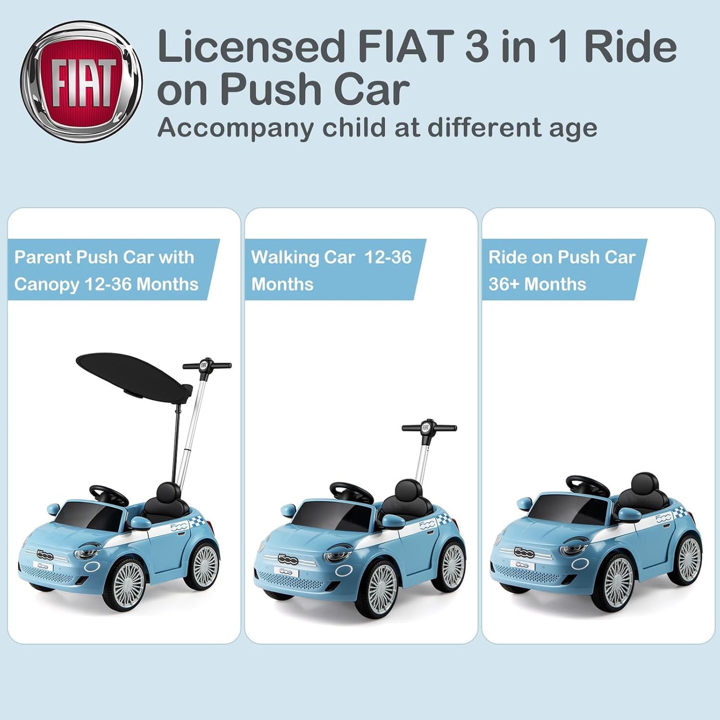 Licensed Fiat 500 Ride on Push Car by OLAKIDS, 3 in 1 Baby Stroller Sliding Walking Car with Retractable Footrest, Parent Control Handle, Horn, Foot-to-Floor Toys for Kids Toddlers 18 Month+