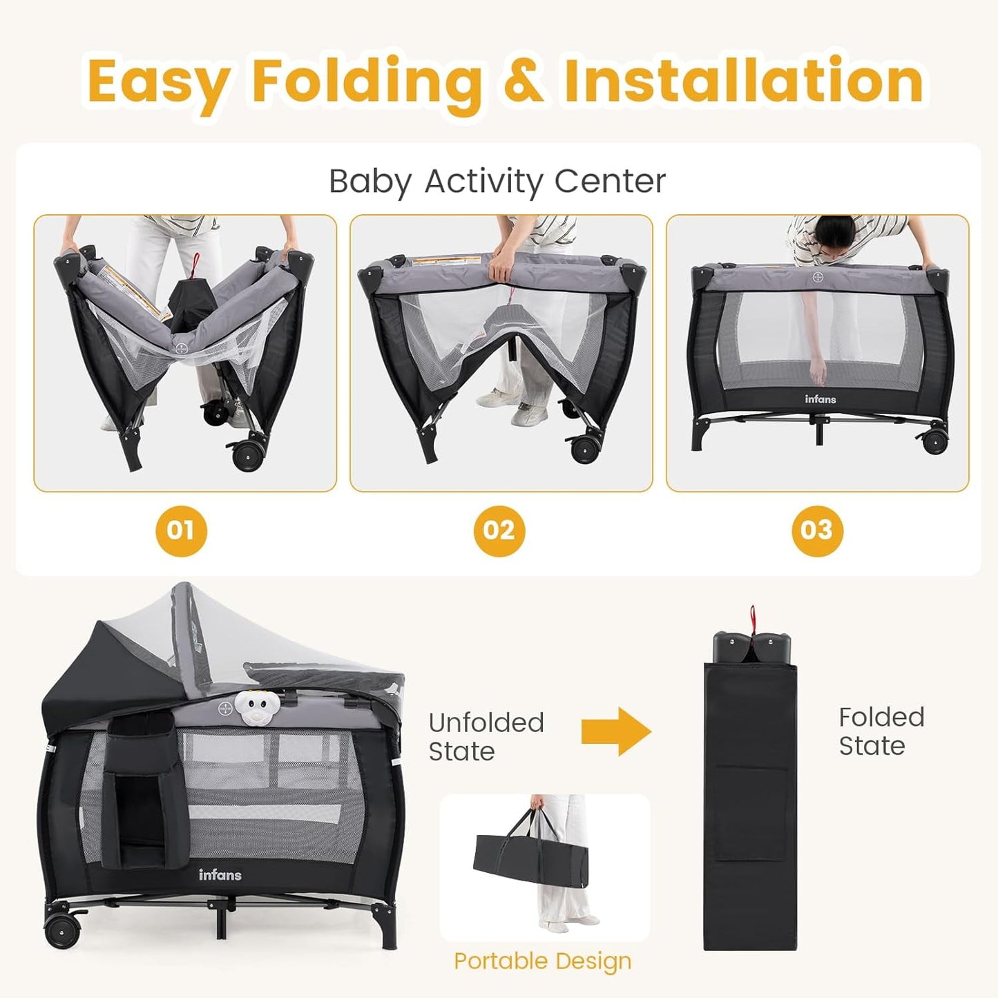 INFANS 4 in 1 Pack and Play, Portable Nursery Center with Bassinet, Mattress, Diaper Changer, Bag, Toys, Music Box, Storage Basket, Travel Playard for Baby Kid Infant