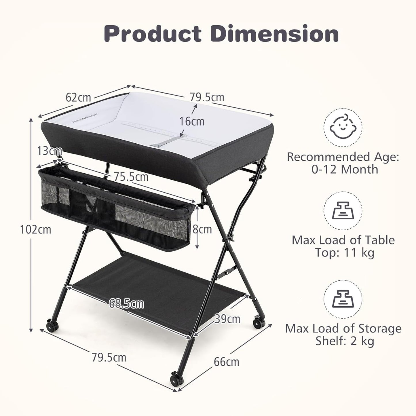 INFANS Baby Changing Table with Wheels, Portable Folding Diaper Station Nursery Organizer with Storage Basket, Hanging Rack, Adjustable Height, Safety Belt for Newborn Infant