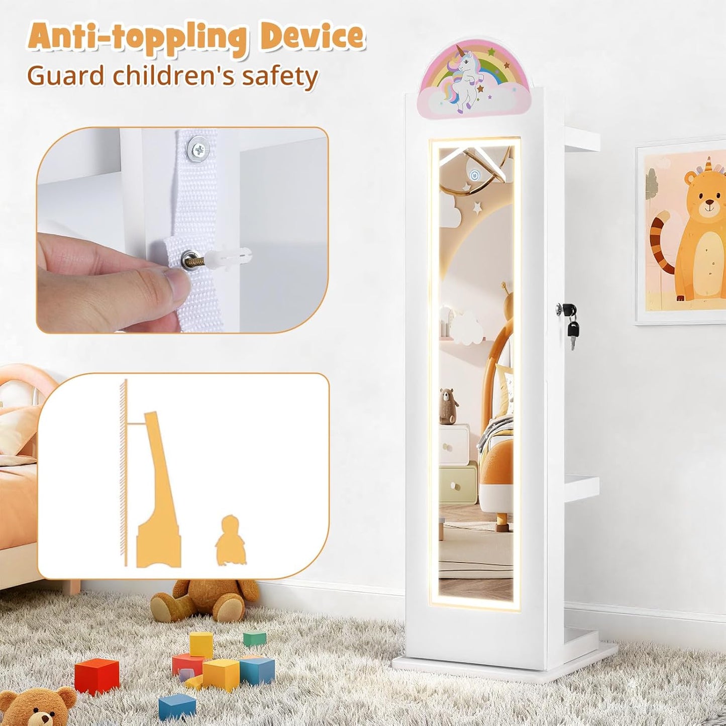 OLAKIDS Kids Jewelry Armoire Cabinet, 360° Swivel Lockable Standing Makeup Organizer with Interior Lights, Rotatable Full-Length LED Vanity Mirror with Foldable Fabric Drawer for Girls