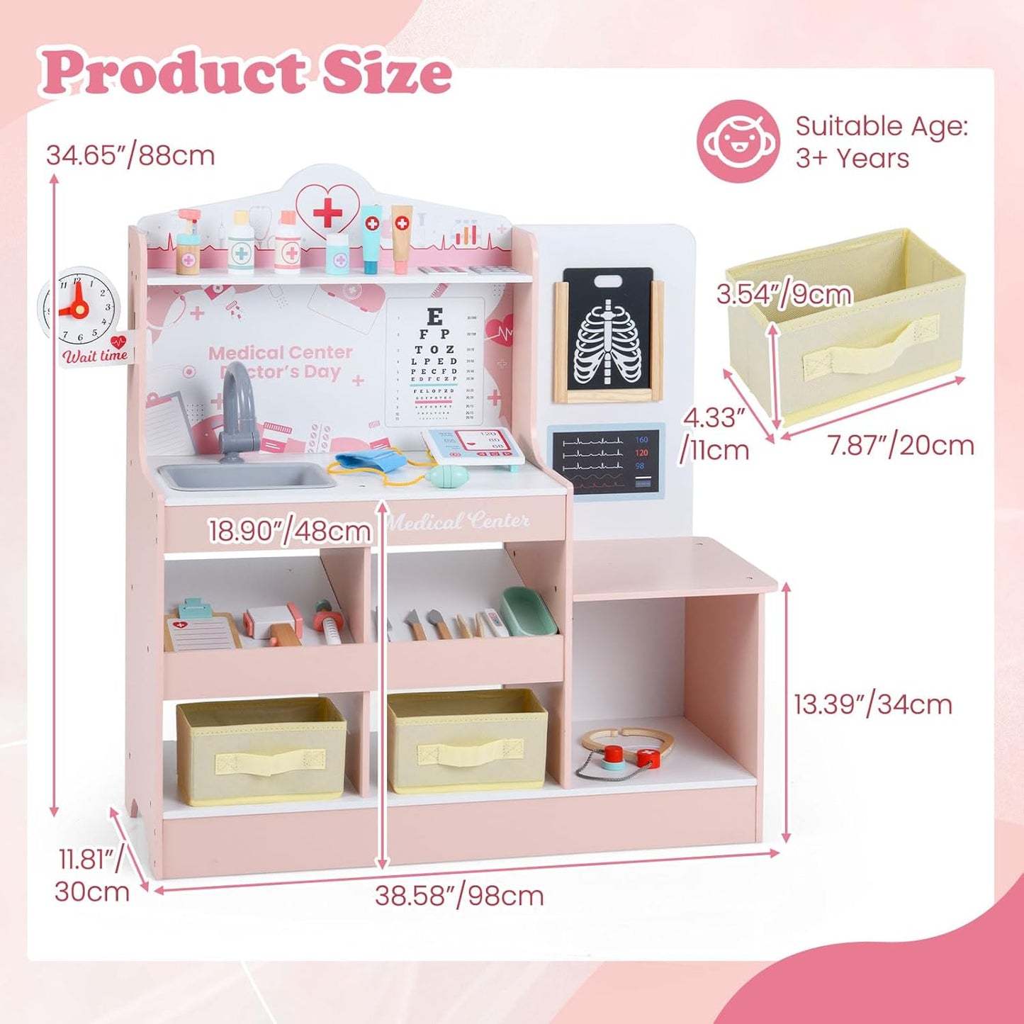 OLAKIDS Kids Doctor Playset, Wooden Pretend Medical Station Activity Center Toy Set with 26 Interactive Veterinarian Accessories, Nurse Uniform X-Ray Film Stethoscope ECG Monitor for Toddler