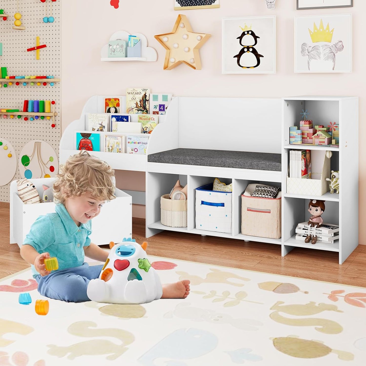 OLAKIDS Kids Bookshelf Toy Storage Organizer with Reading Nook Seat Cushion