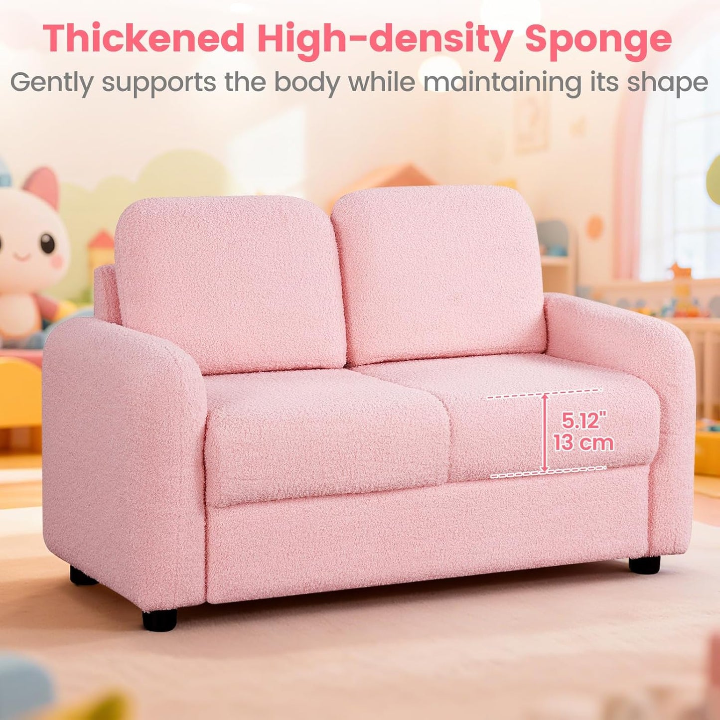 OLAKIDS Kids Sofa, 2 Seat Soft Thick Upholstered Couch with Plush Fabric Solid Wooden Frame, Armrest Chair Lounge for Playroom Kids Boys Girls