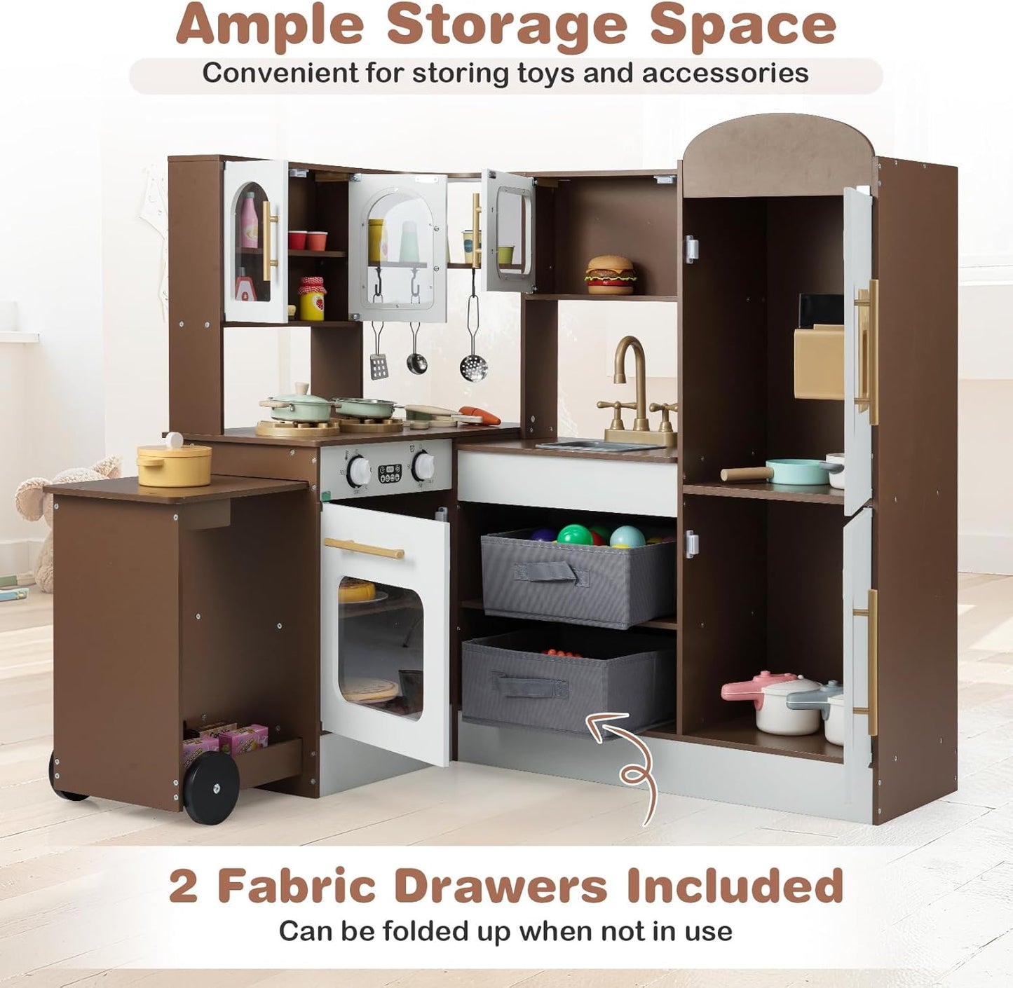 OLAKIDS Corner Kids Kitchen, Wooden Pretend Playset with Telescopic Cart Realistic Lights Sounds Ice Maker Fabric Drawers Microwave Oven, Toddler Cooking Toy Gift for Boys Girls Aged 3+