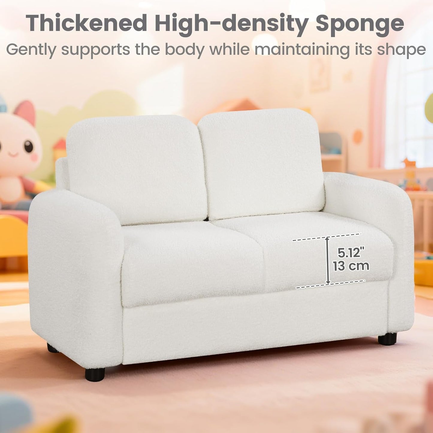 OLAKIDS Kids Sofa, 2 Seat Soft Thick Upholstered Couch with Plush Fabric Solid Wooden Frame, Armrest Chair Lounge for Playroom Kids Boys Girls