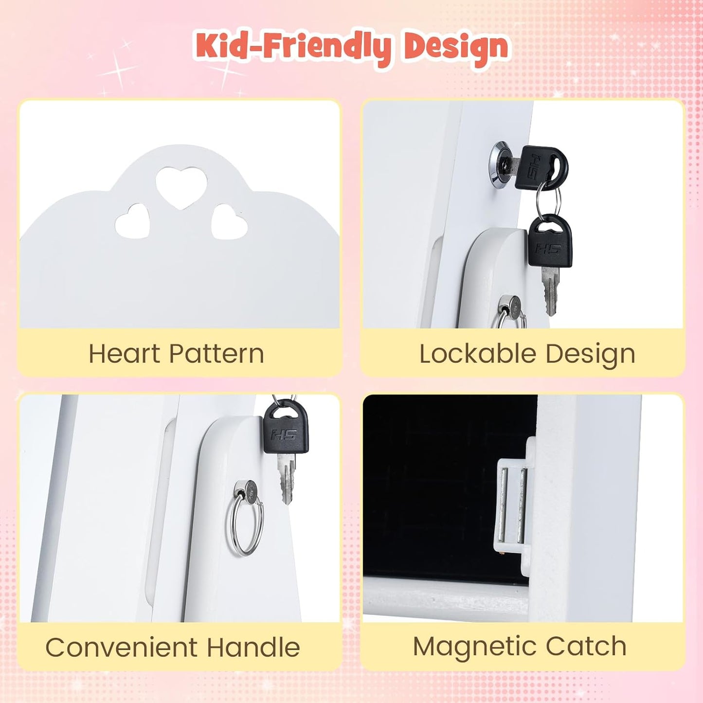 OLAKIDS Kids Jewelry Armoire Cabinet, 360° Swivel Lockable Standing Makeup Organizer with Interior Lights, Rotatable Full-Length LED Vanity Mirror with Foldable Fabric Drawer for Girls