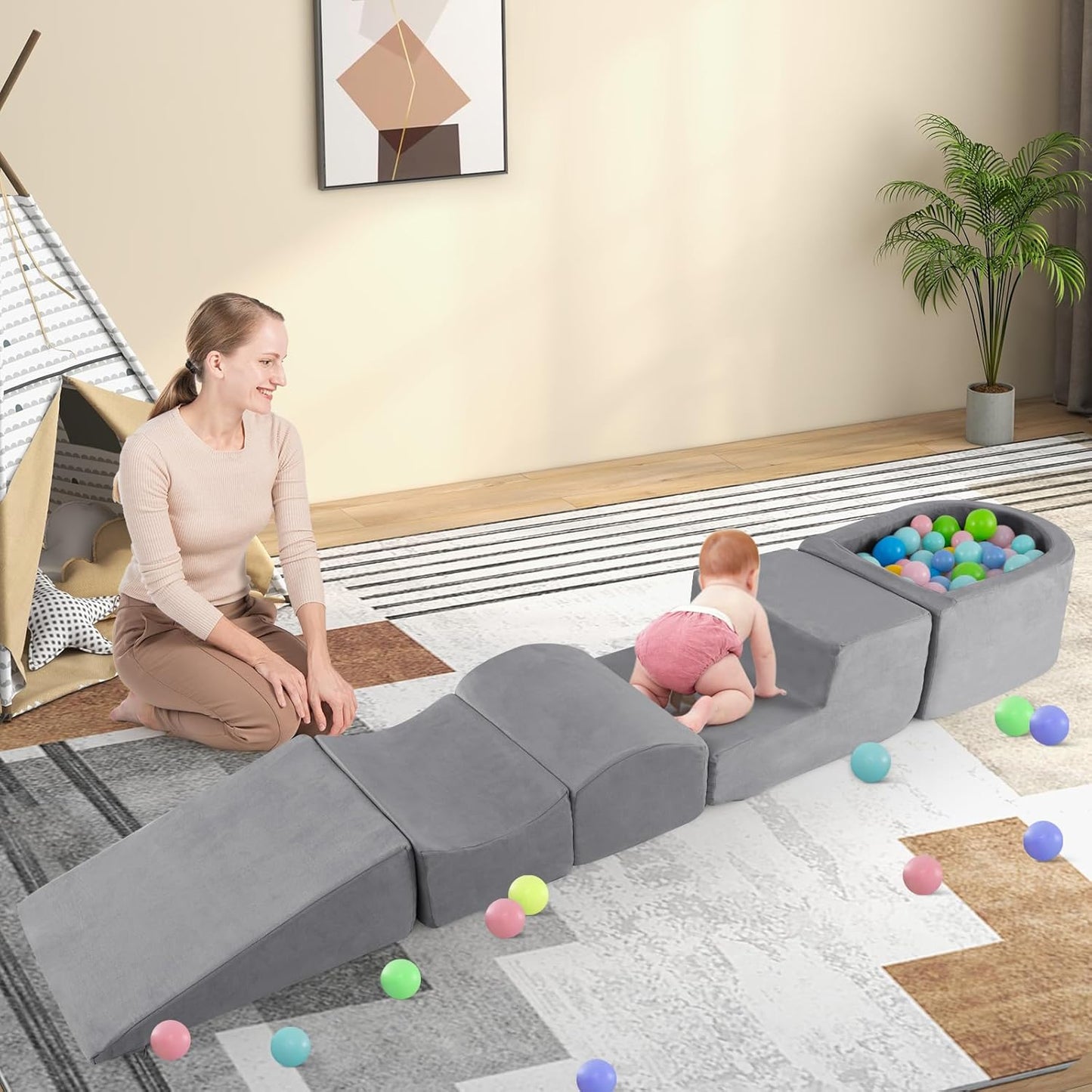 INFANS Climbing Toys for Toddlers, Foam Climbing Blocks and Ball Pit for Baby, 5pc Kids Climb and Crawl Block Activity Structure Play Set, Indoor Foam Play Gym for Crawling and Sliding