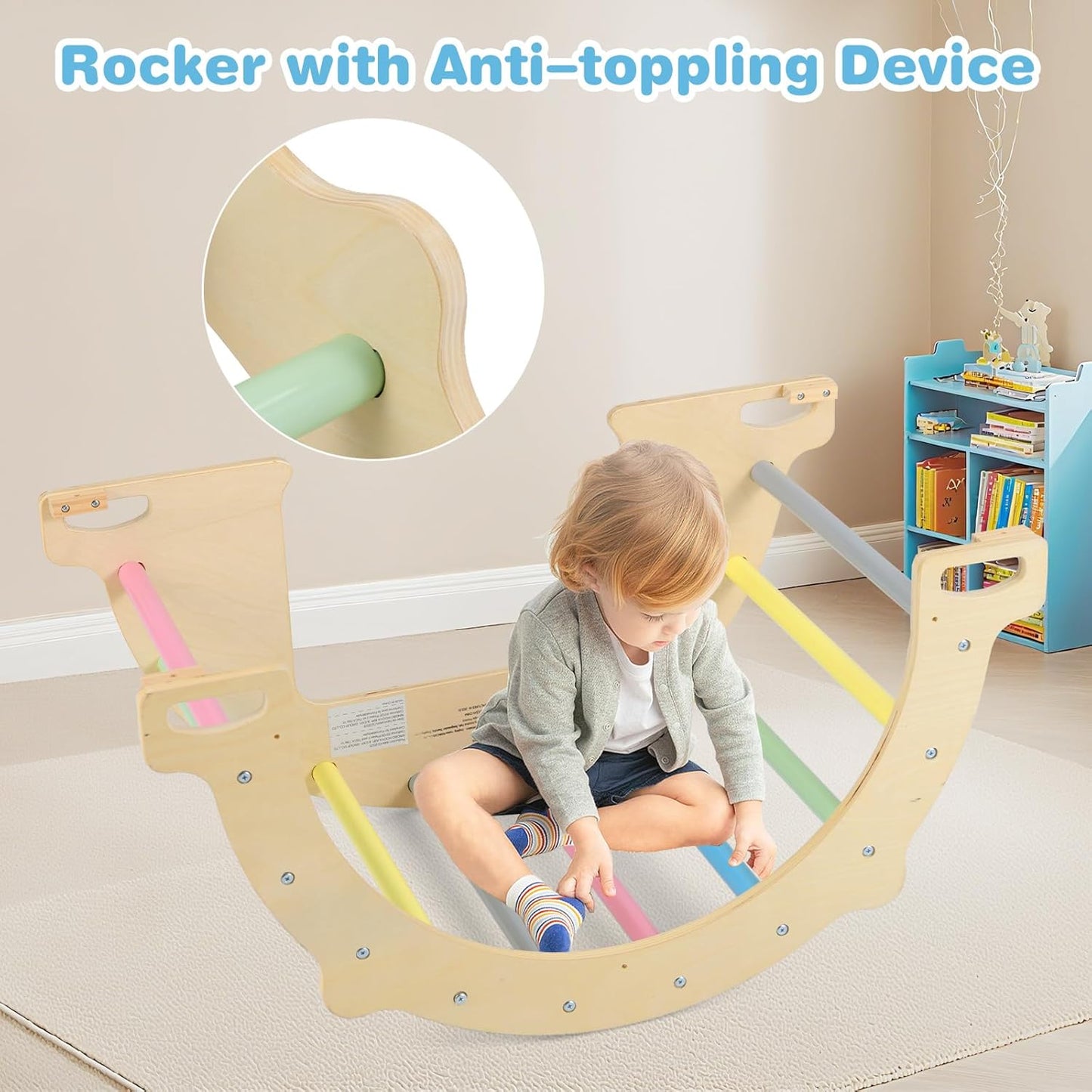 OLAKIDS Climbing Arch for Toddlers, 5 in 1 Wooden Indoor Kids Climber Rocker Montessori Sensory Table with Foldable Storage Bin, Baby Pikler Toy Set Gym Learning Crawling Gift for Children