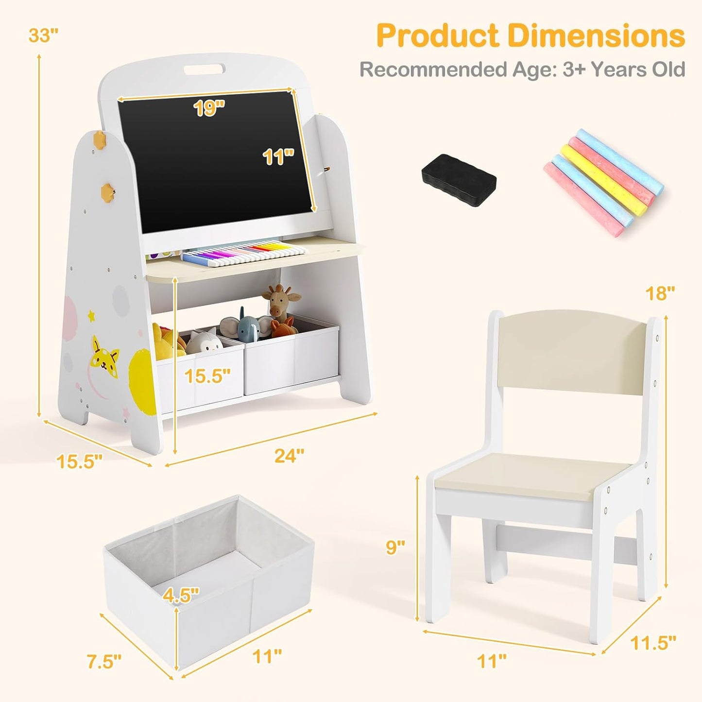 OLAKIDS Easel for Kids with Chair, 4 in 1 Double-Sided Adjustable Magnetic Chalkboard & Whiteboard with Bookshelves, Storage Bins, Wooden Standing Painting Drawing Art Board for Boys Girls