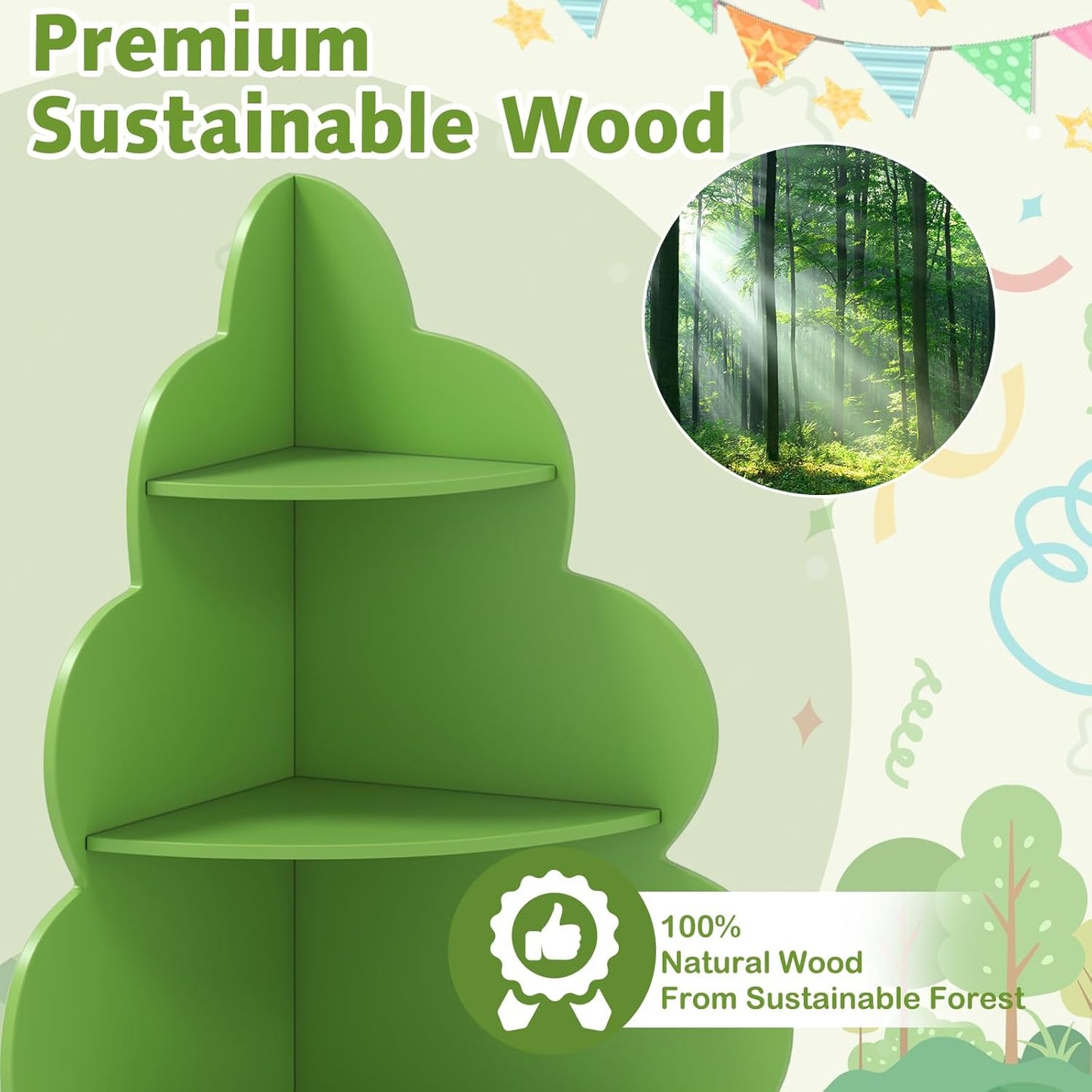 OLAKIDS Tree Kids Bookshelf, Wood 5-Tier Corner Bookcase, Baby Montessori Shelf Rack Children's Bookcase