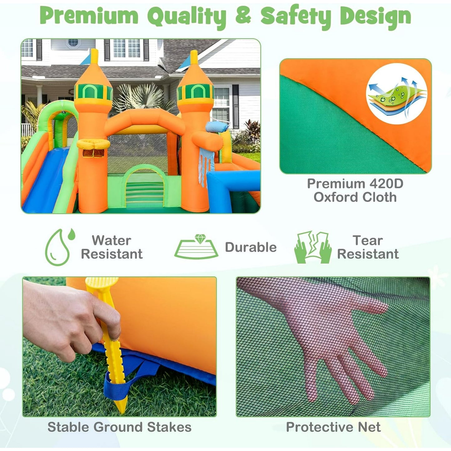 OLAKIDS Inflatable Water Slide, 9 in 1 Bounce House Water Park with Soccer Gate 2 Slides Splash Pool Water Gun Basketball Rim, Outdoor Inflatable Obstacle Course for Kids Backyard (Without 735W)