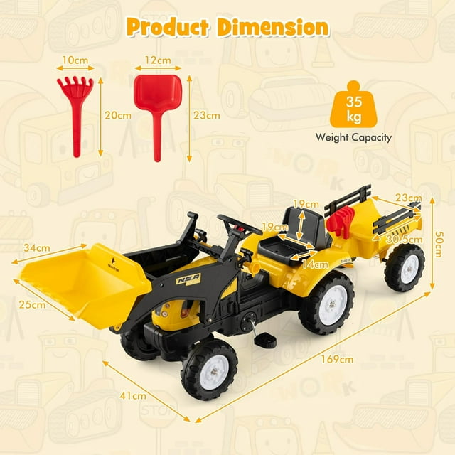 OLAKIDS Kids Ride on Excavator, Pedal Car Bulldozer with Manual Control Bucket, Detachable Cargo Trailer, Shovel, Rake, 6 Wheels, Horn, Construction Tractor for Toddlers 3+