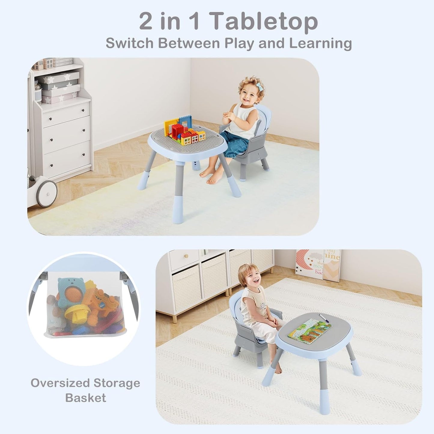 INFANS 9 in 1 High Chair, Convertible Baby Highchair for Babies and Toddlers, Table and Chair Set Building Block Infant Dining Booster Seat, Kids Stool with Activity Children Play Kitchen