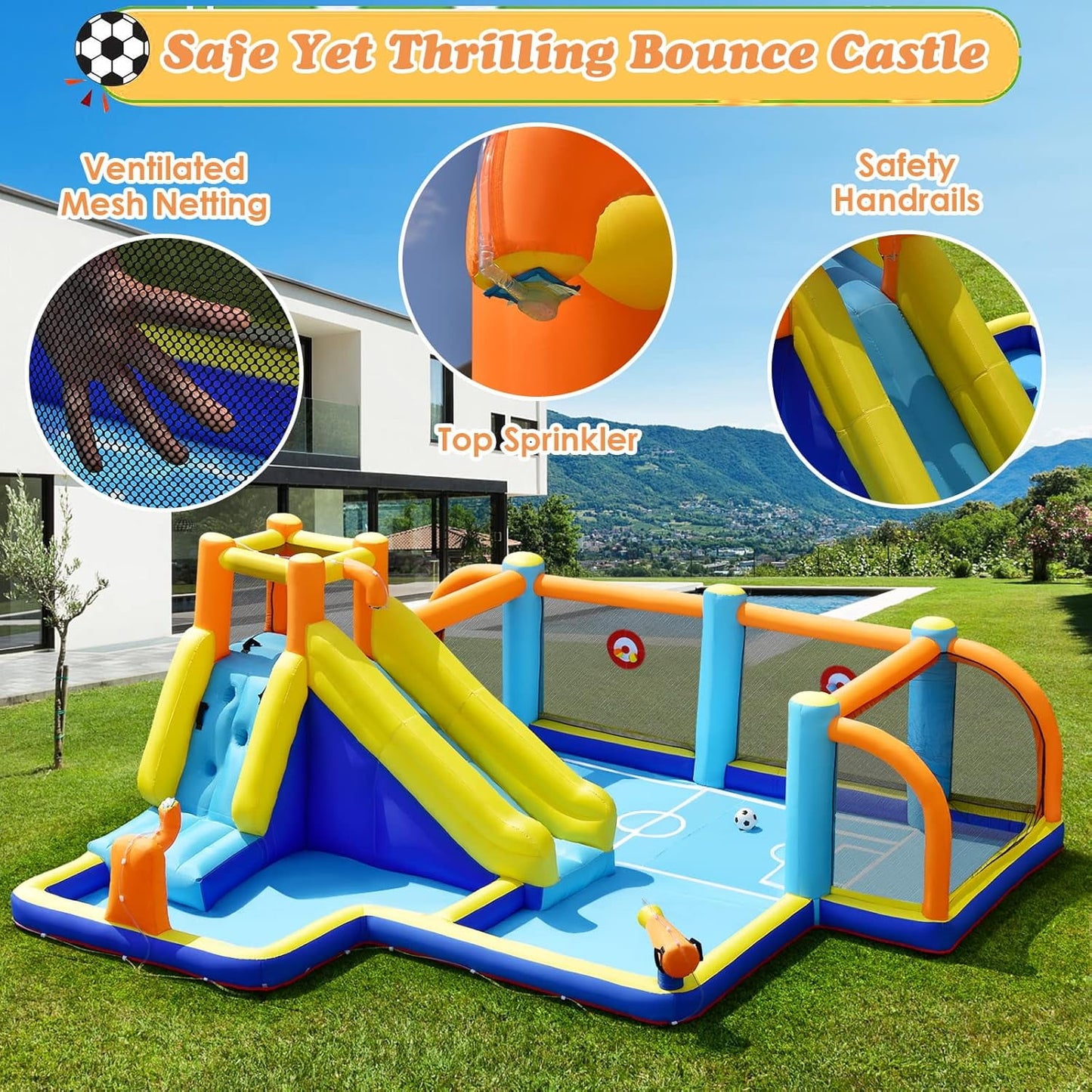 OLAKIDS Inflatable Water Slide, 8 in 1 Bounce House Water Park with Soccer Goals Splash Pool Climbing Wall Water Guns Target Game, Outdoor Inflatable Obstacle Course Backyard (without Blower)