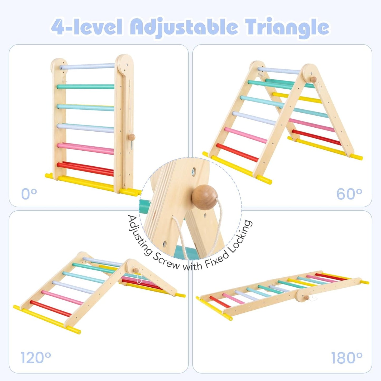 OLAKIDS Pikler Triangle Set 7 in 1 Climbing Toys for Toddlers Foldable Baby Wood Montessori Jungle Gym with Angle Adjustable Ladder Seesaw Ramp Indoor Playground