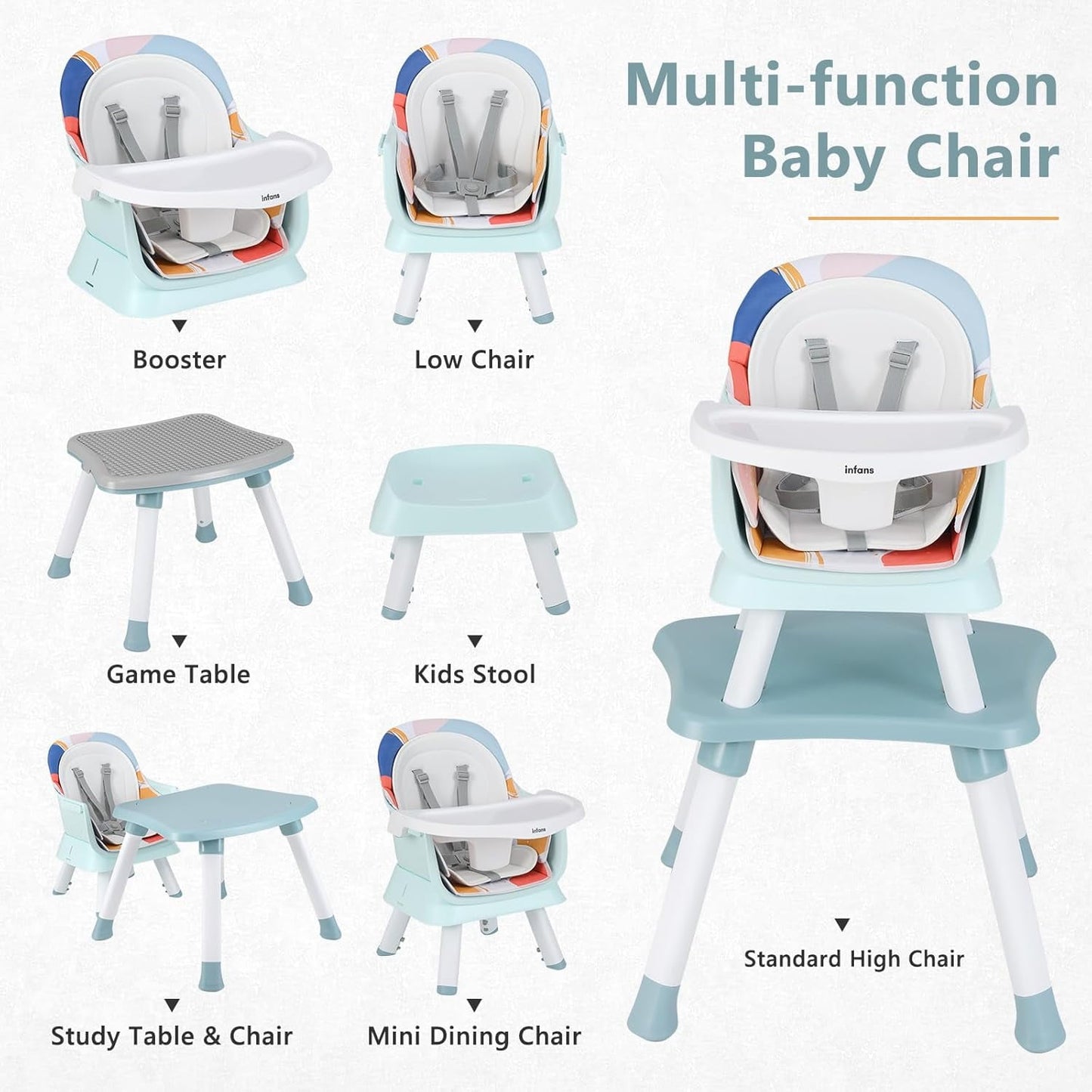 OLAKIDS 8 in 1 Baby High Chair, Convertible Highchair for Babies and Toddlers, Infant Dining Booster Seat