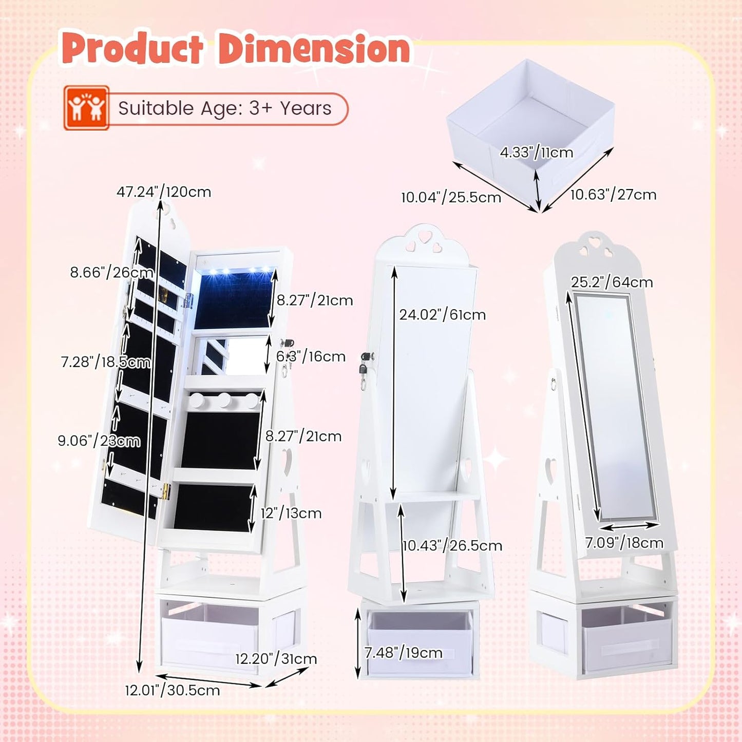 OLAKIDS Kids Jewelry Armoire Cabinet, 360° Swivel Lockable Standing Makeup Organizer with Interior Lights, Rotatable Full-Length LED Vanity Mirror with Foldable Fabric Drawer for Girls