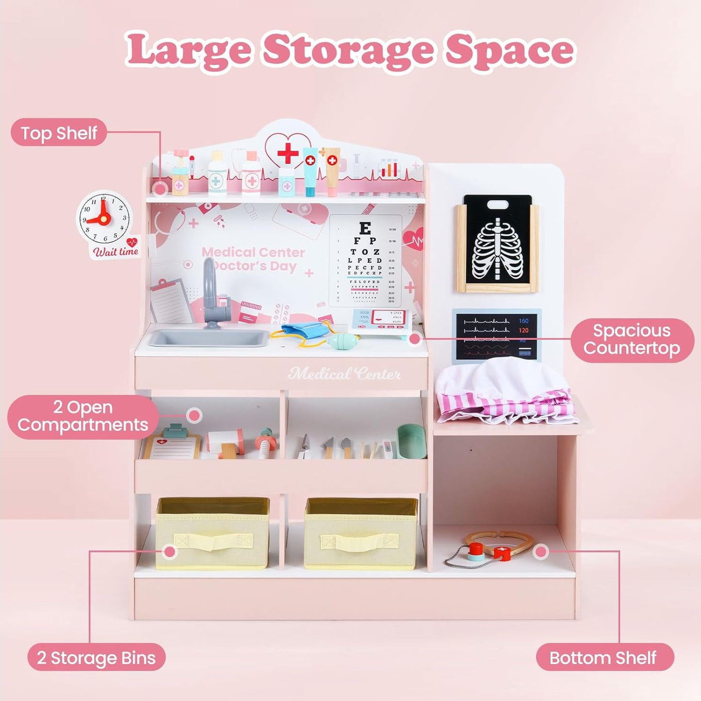 OLAKIDS Kids Doctor Playset, Wooden Pretend Medical Station Activity Center Toy Set with 26 Interactive Veterinarian Accessories, Nurse Uniform X-Ray Film Stethoscope ECG Monitor for Toddler