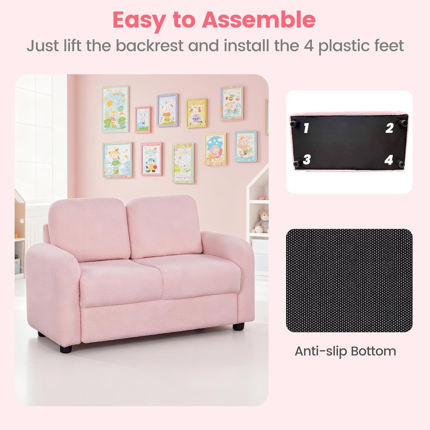 OLAKIDS Kids Sofa, 2 Seat Soft Thick Upholstered Couch with Plush Fabric Solid Wooden Frame, Armrest Chair Lounge for Playroom Kids Boys Girls