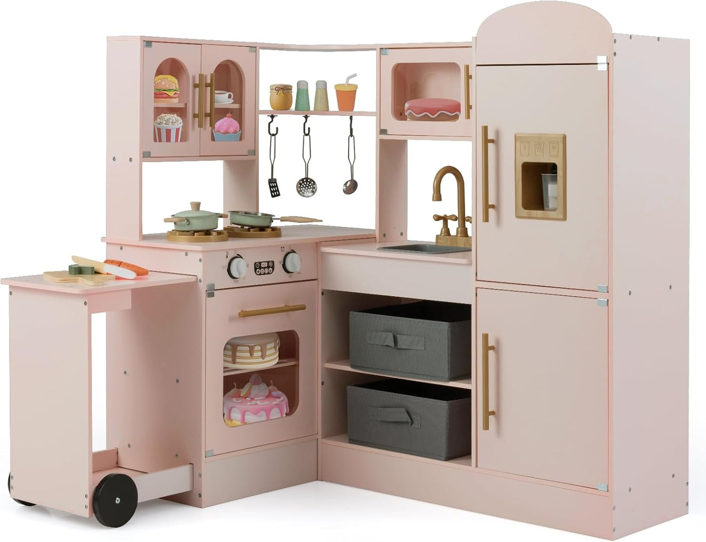 OLAKIDS Corner Kids Kitchen, Wooden Pretend Playset with Telescopic Cart Realistic Lights Sounds Ice Maker Fabric Drawers Microwave Oven, Toddler Cooking Toy Gift for Boys Girls Aged 3+