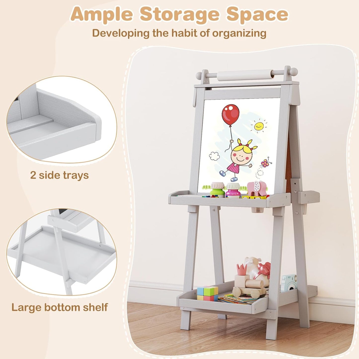 OLAKIDS Easel for Kids, 3 in 1 Adjustable Painting Art Board, Foldable Double-Sided Wooden Drawing Chalkboard Magnetic Whiteboard with Paper Roll, Storage Rack, Cups for Boy Girls