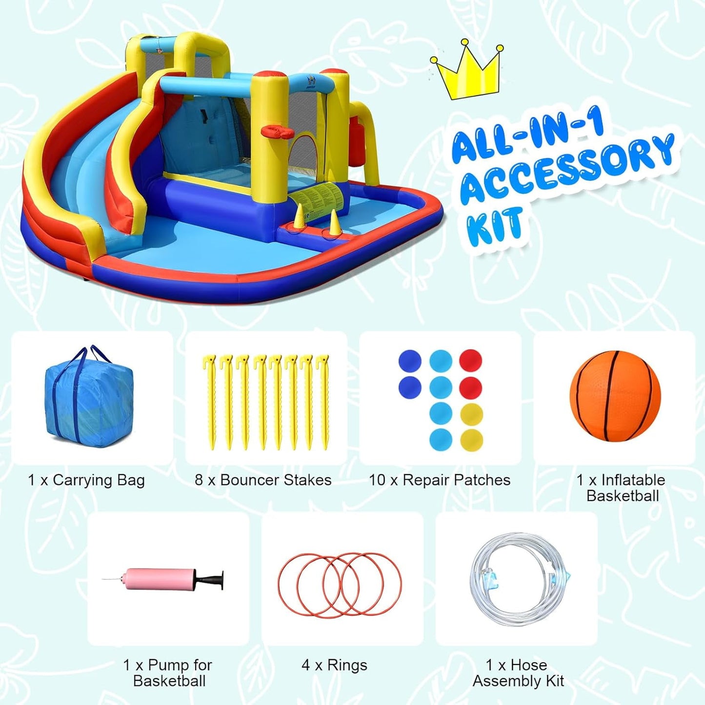 OLAKIDS Inflatable Water Slide, 8 in 1 Bounce House Water Park with Slide Splash Pool Climbing Wall Basketball Hoop Ring Toss, Outdoor Inflatable Obstacle Course for Kids Backyard