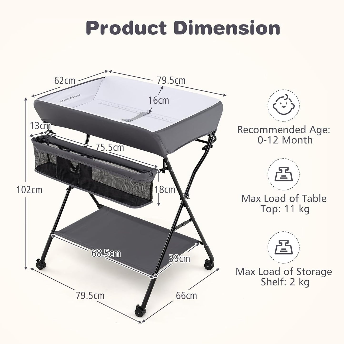 INFANS Baby Changing Table with Wheels, Portable Folding Diaper Station Nursery Organizer with Storage Basket, Hanging Rack, Adjustable Height, Safety Belt for Newborn Infant