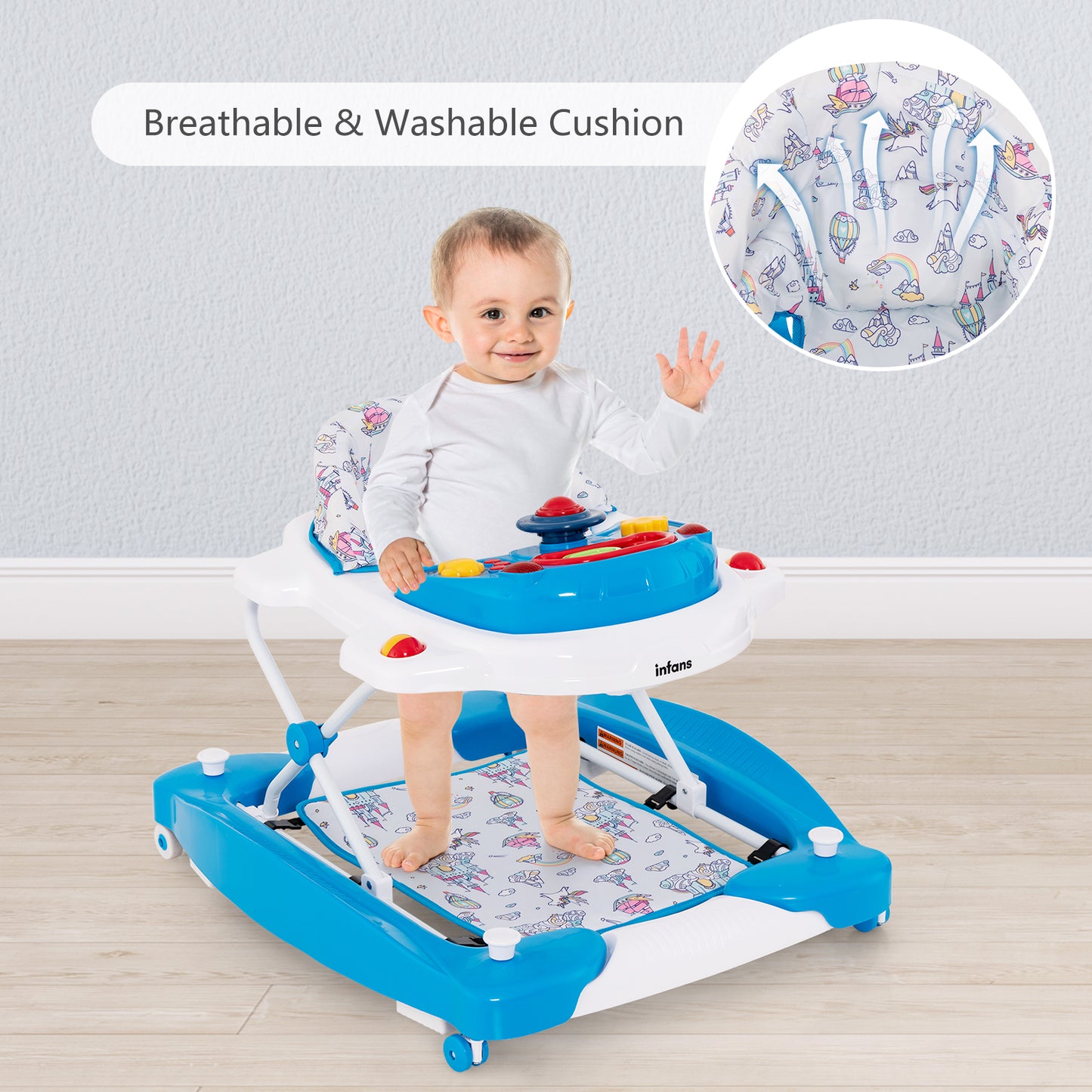 INFANS Baby Walker, 5 in 1 Behind Walker Learning Seated Rocker Bouncer with Removable Music Tray, Adjustable Height and Speed, Washable Seat Cushion, Foldable Activity Center for Toddlers