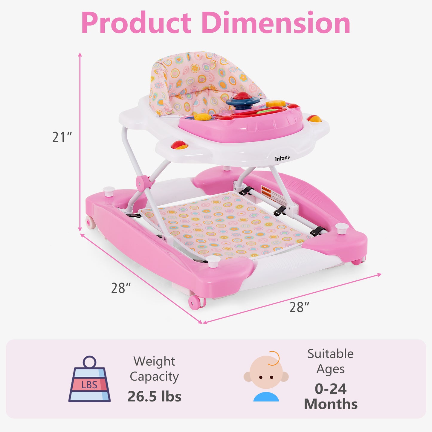 INFANS Baby Walker, 5 in 1 Behind Walker Learning Seated Rocker Bouncer with Removable Music Tray, Adjustable Height and Speed, Washable Seat Cushion, Foldable Activity Center for Toddlers