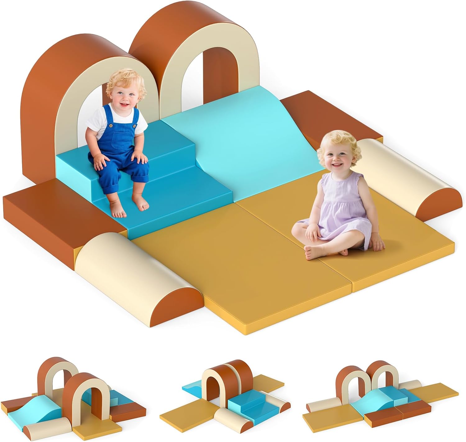 Olakids Toddler Climbing Toys Indoor, 10 Pieces Baby Foam Blocks Soft Play Set with PU Leather for 1+ Years