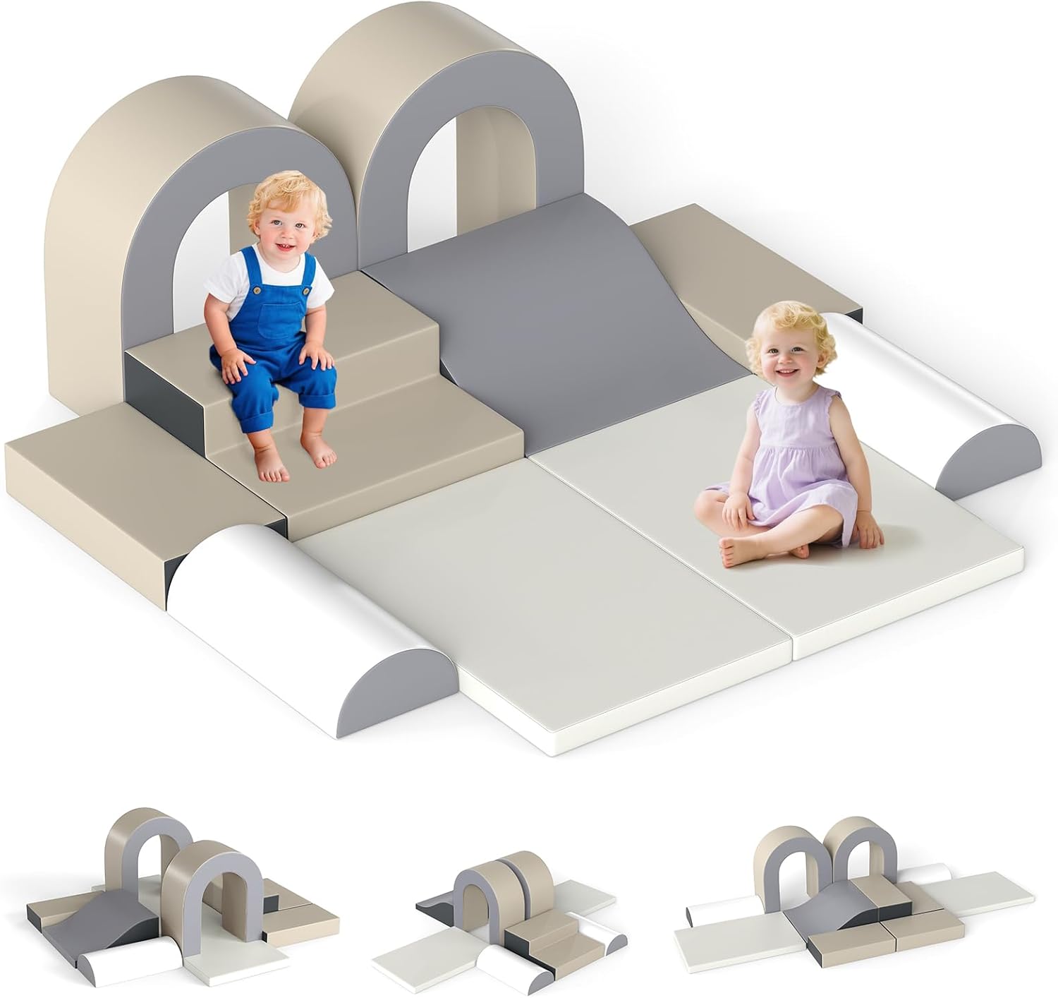 Olakids Toddler Climbing Toys Indoor, 10 Pieces Baby Foam Blocks Soft Play Set with PU Leather for 1+ Years