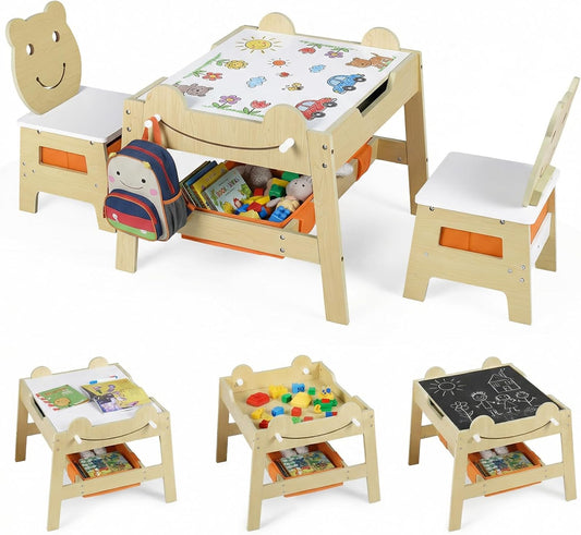 INFANS Kids Table and Chair Set, 4 in 1 Wooden Activity Desk with Reversible Detachable Tabletop