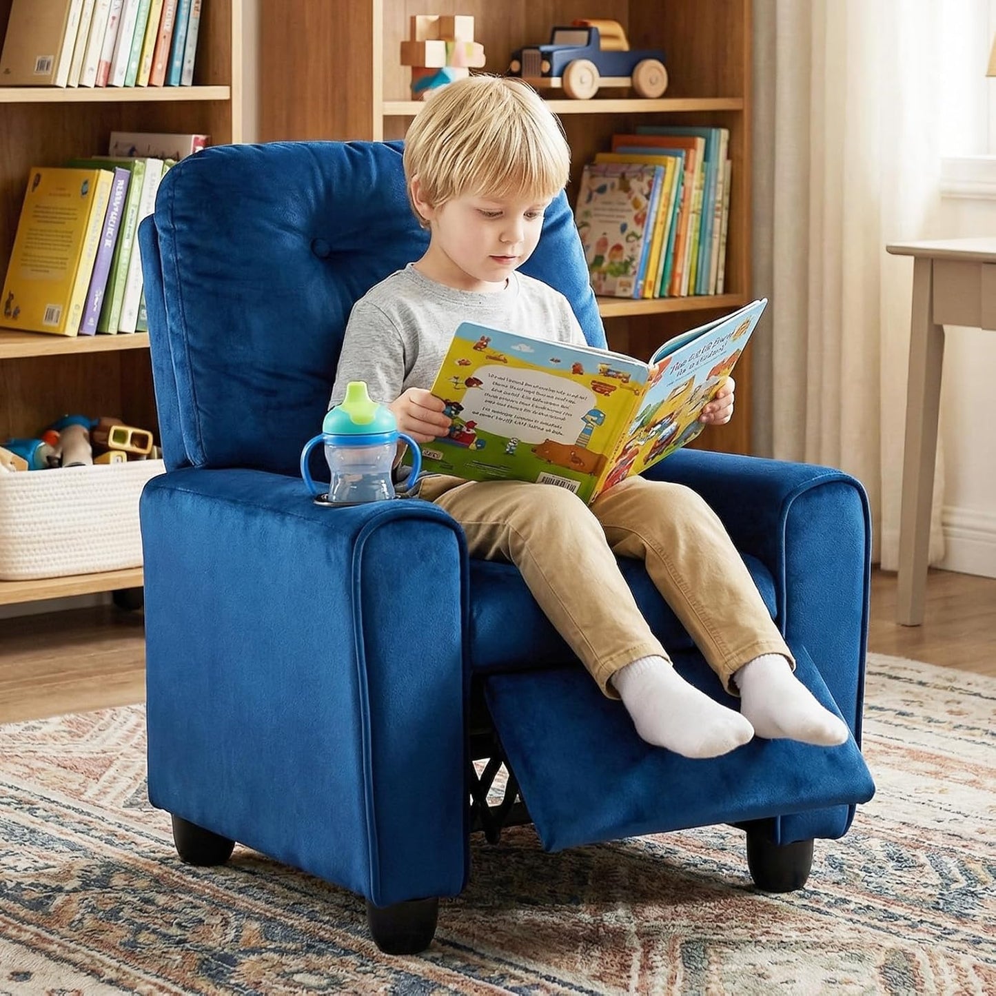 OLAKIDS Kids Recliner, Toddler Lounge Chair with Adjustable Backrest Footrest Cup Holder Side Pockets