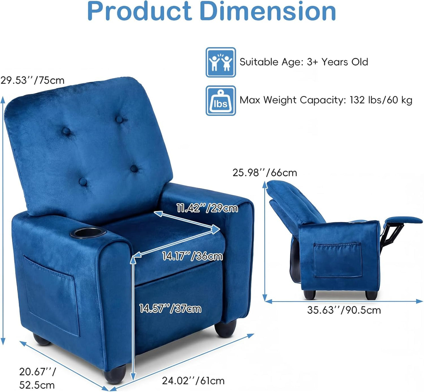 OLAKIDS Kids Recliner, Toddler Lounge Chair with Adjustable Backrest Footrest Cup Holder Side Pockets