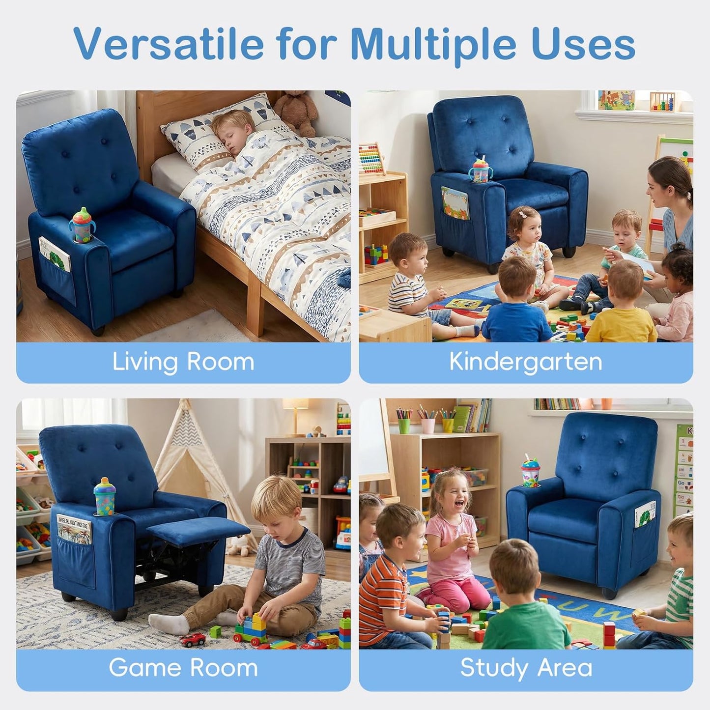 OLAKIDS Kids Recliner, Toddler Lounge Chair with Adjustable Backrest Footrest Cup Holder Side Pockets