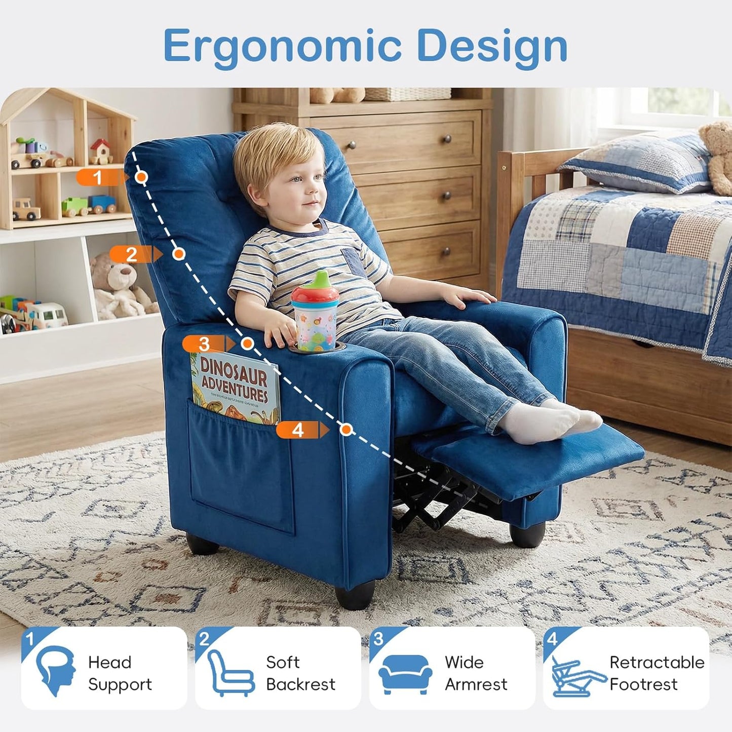 OLAKIDS Kids Recliner, Toddler Lounge Chair with Adjustable Backrest Footrest Cup Holder Side Pockets