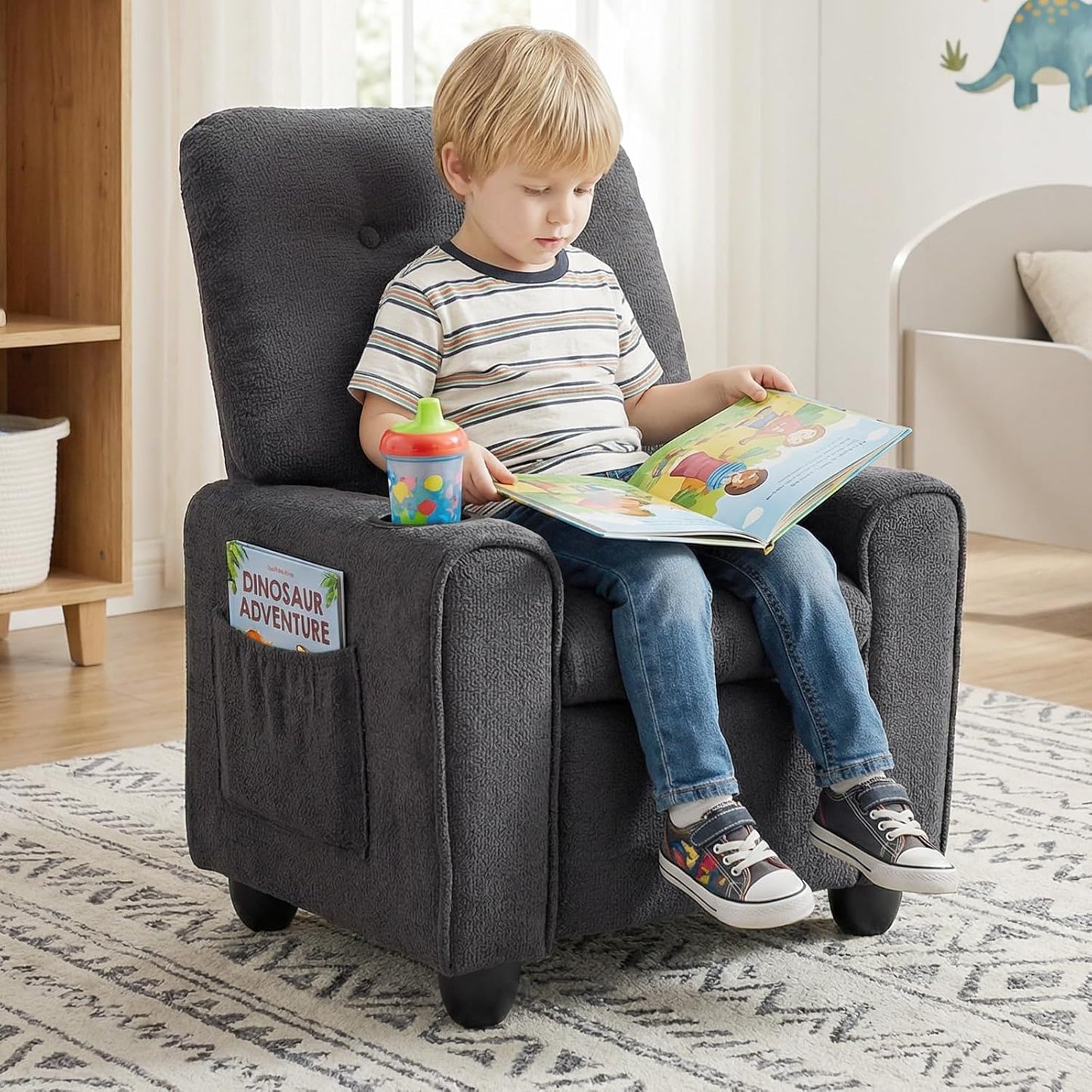 OLAKIDS Kids Recliner, Toddler Lounge Chair with Adjustable Backrest Footrest Cup Holder Side Pockets