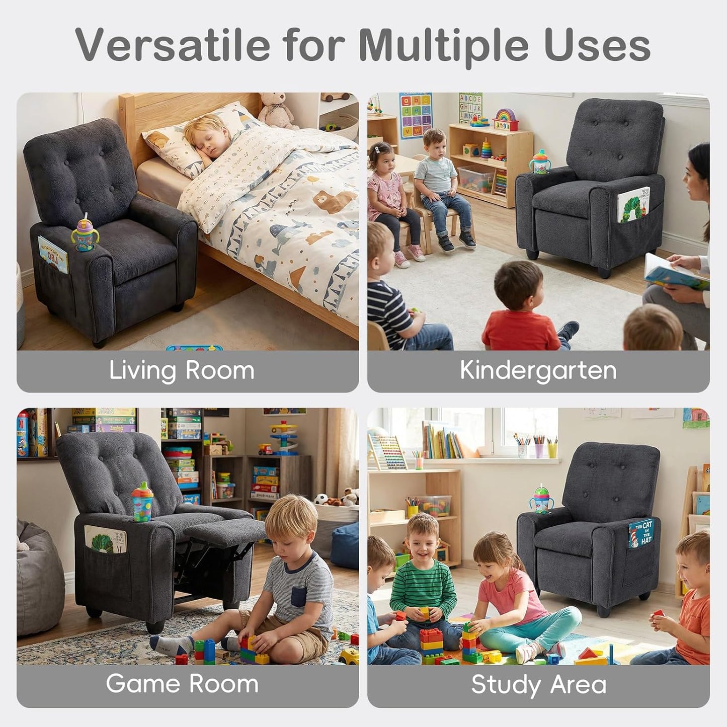 OLAKIDS Kids Recliner, Toddler Lounge Chair with Adjustable Backrest Footrest Cup Holder Side Pockets