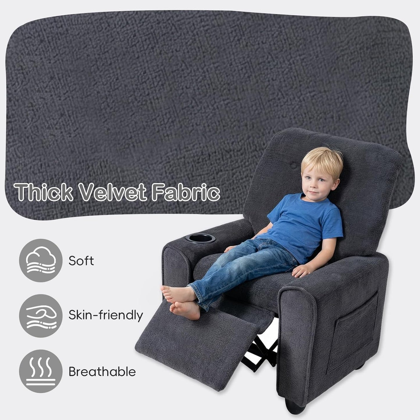 OLAKIDS Kids Recliner, Toddler Lounge Chair with Adjustable Backrest Footrest Cup Holder Side Pockets