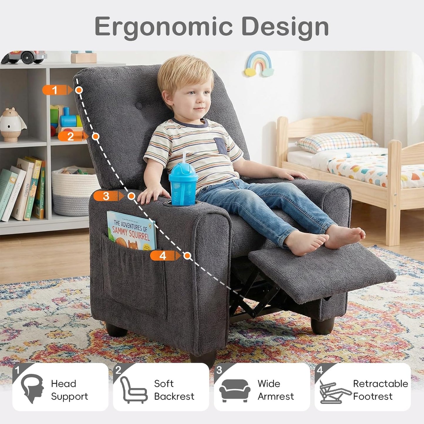 OLAKIDS Kids Recliner, Toddler Lounge Chair with Adjustable Backrest Footrest Cup Holder Side Pockets