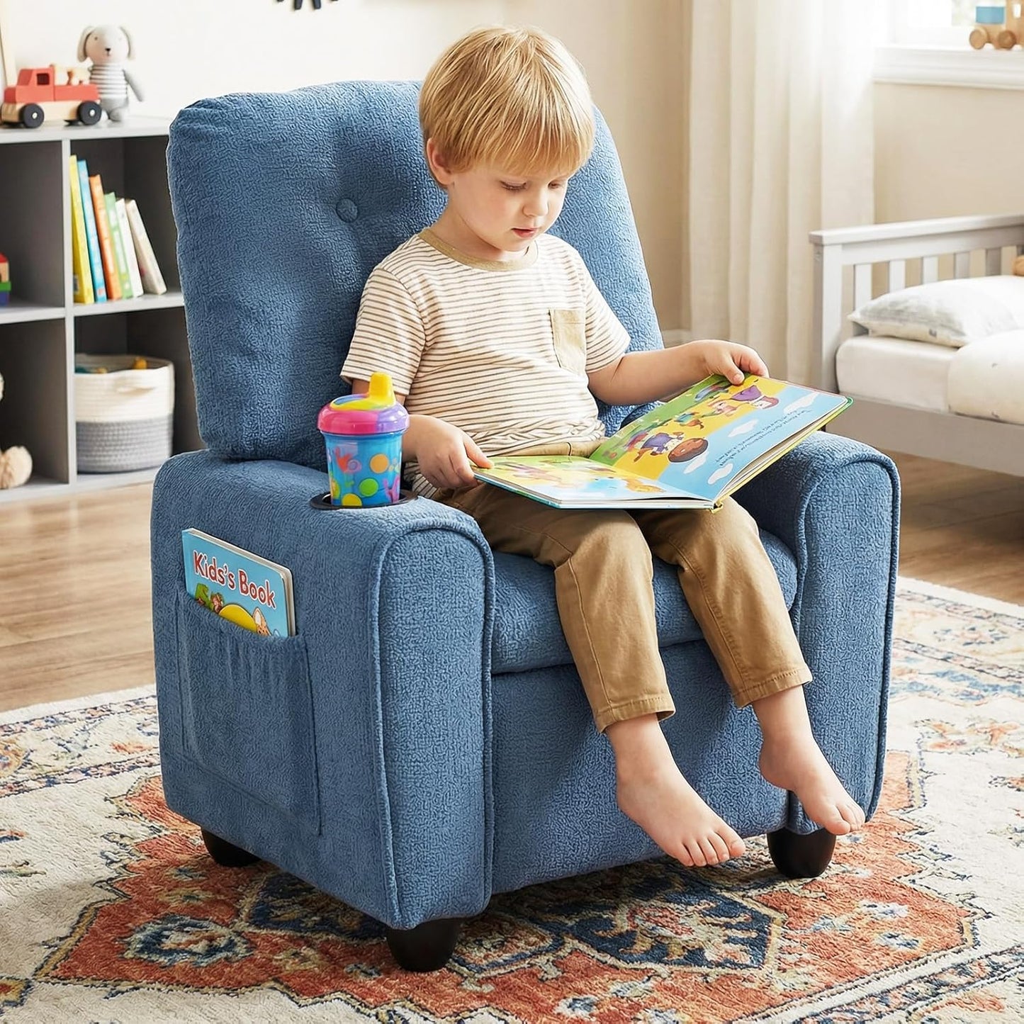 OLAKIDS Kids Recliner, Toddler Lounge Chair with Adjustable Backrest Footrest Cup Holder Side Pockets