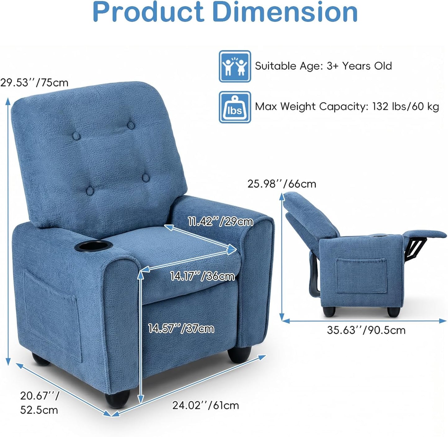 OLAKIDS Kids Recliner, Toddler Lounge Chair with Adjustable Backrest Footrest Cup Holder Side Pockets