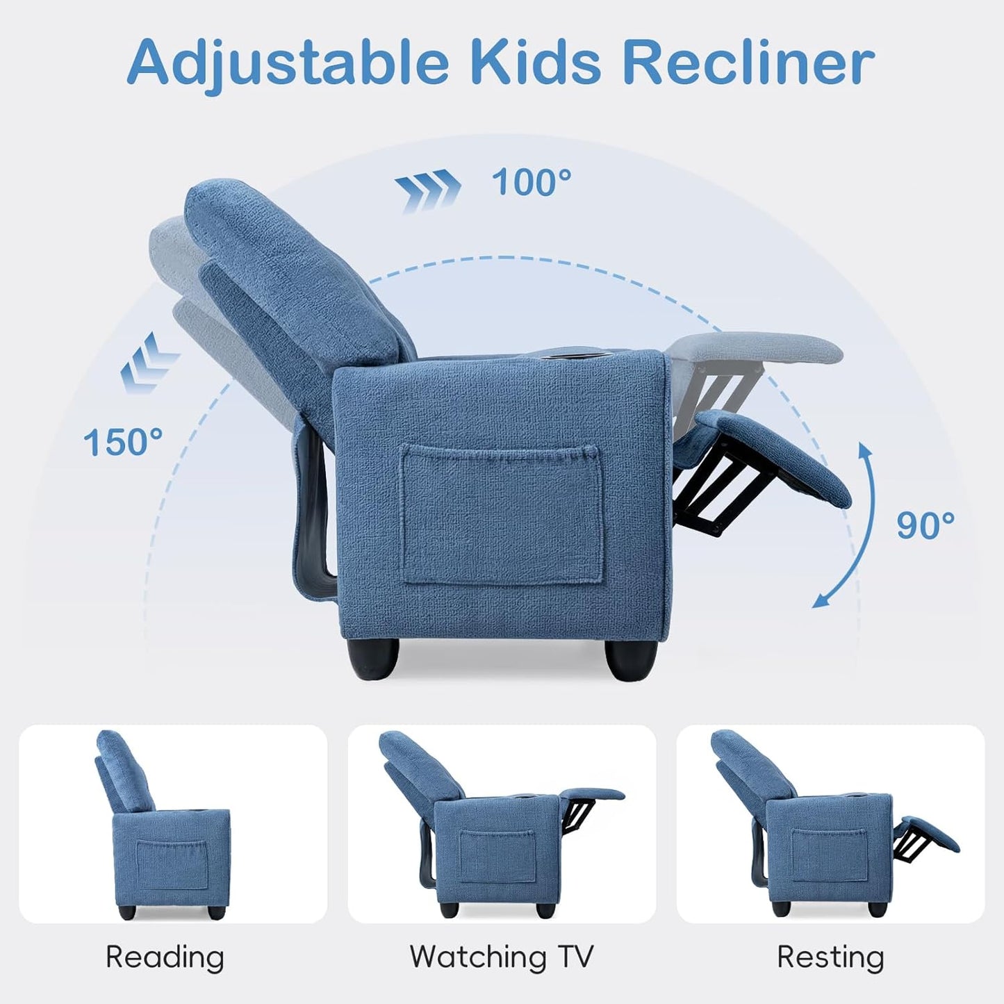 OLAKIDS Kids Recliner, Toddler Lounge Chair with Adjustable Backrest Footrest Cup Holder Side Pockets