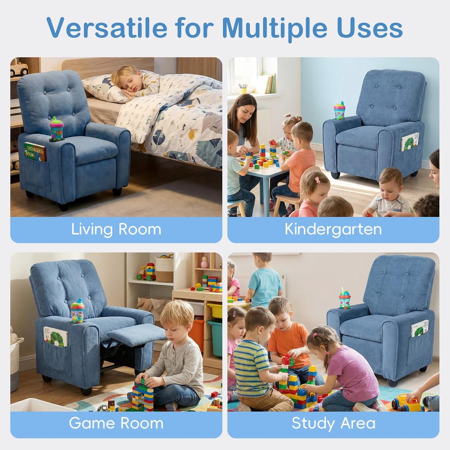 OLAKIDS Kids Recliner, Toddler Lounge Chair with Adjustable Backrest Footrest Cup Holder Side Pockets